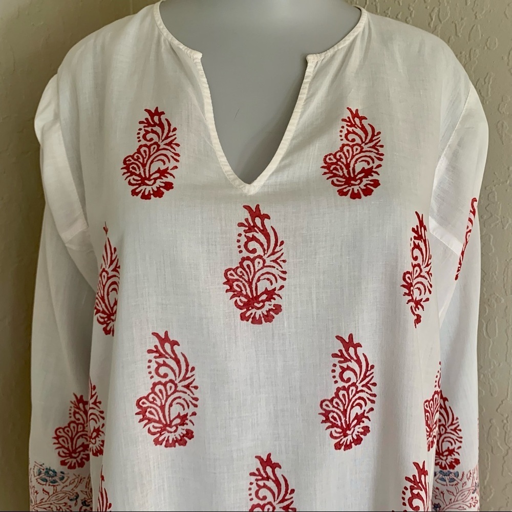 VELVET By Graham & Spencer Block Print Peasant Tunic Blouse 100% Cotton V-Neck - Picture 3 of 15